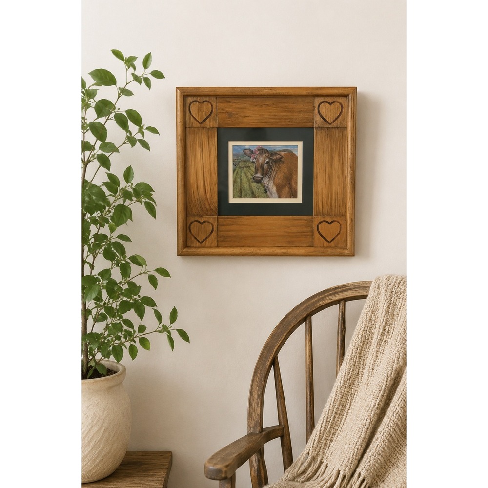 Vintage Rustic Cow Print Framed Wall Art Farmhouse Country Cottage Cedar Hearts